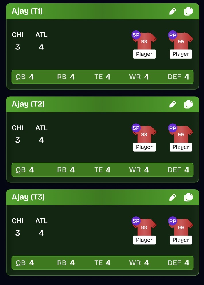 Three fantasy team cards showing scores, players, and roster positions.
