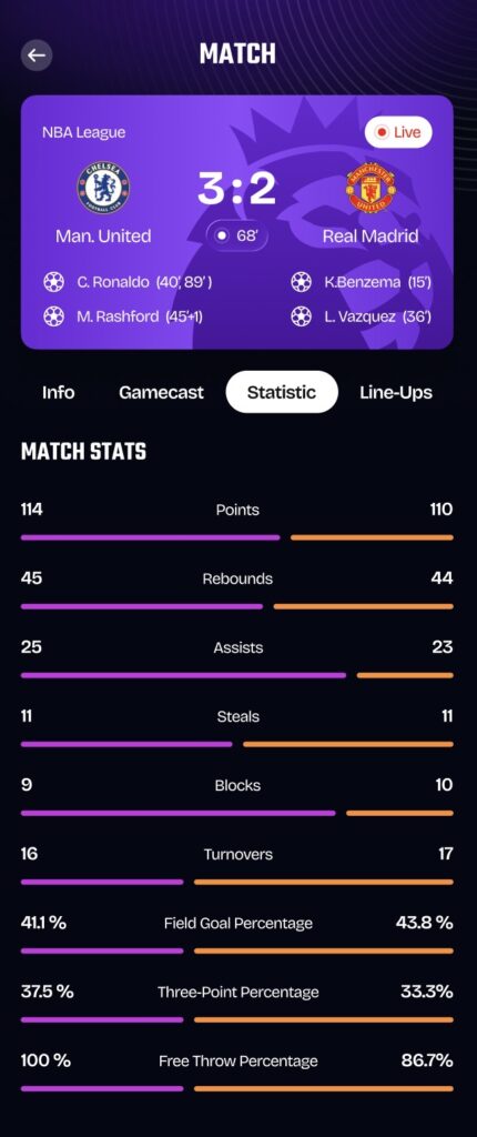 Sports app screen showing live match score and detailed team statistics.