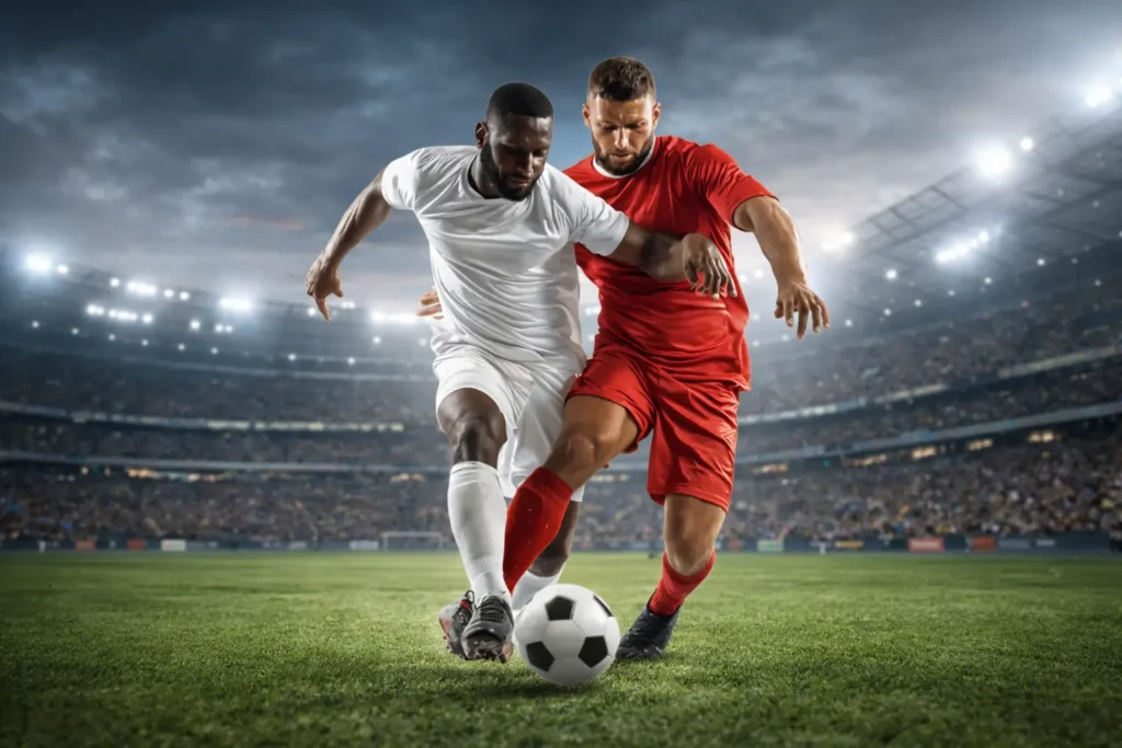 Two soccer players battling for the ball in a packed stadium.